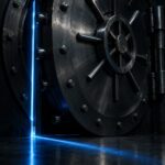 Steel vault door left slightly open with blue light spilling through the gap
