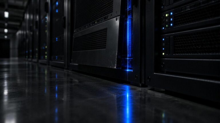 Row of servers in a dark data centre, one front panel forced open with blue light showing through the gap